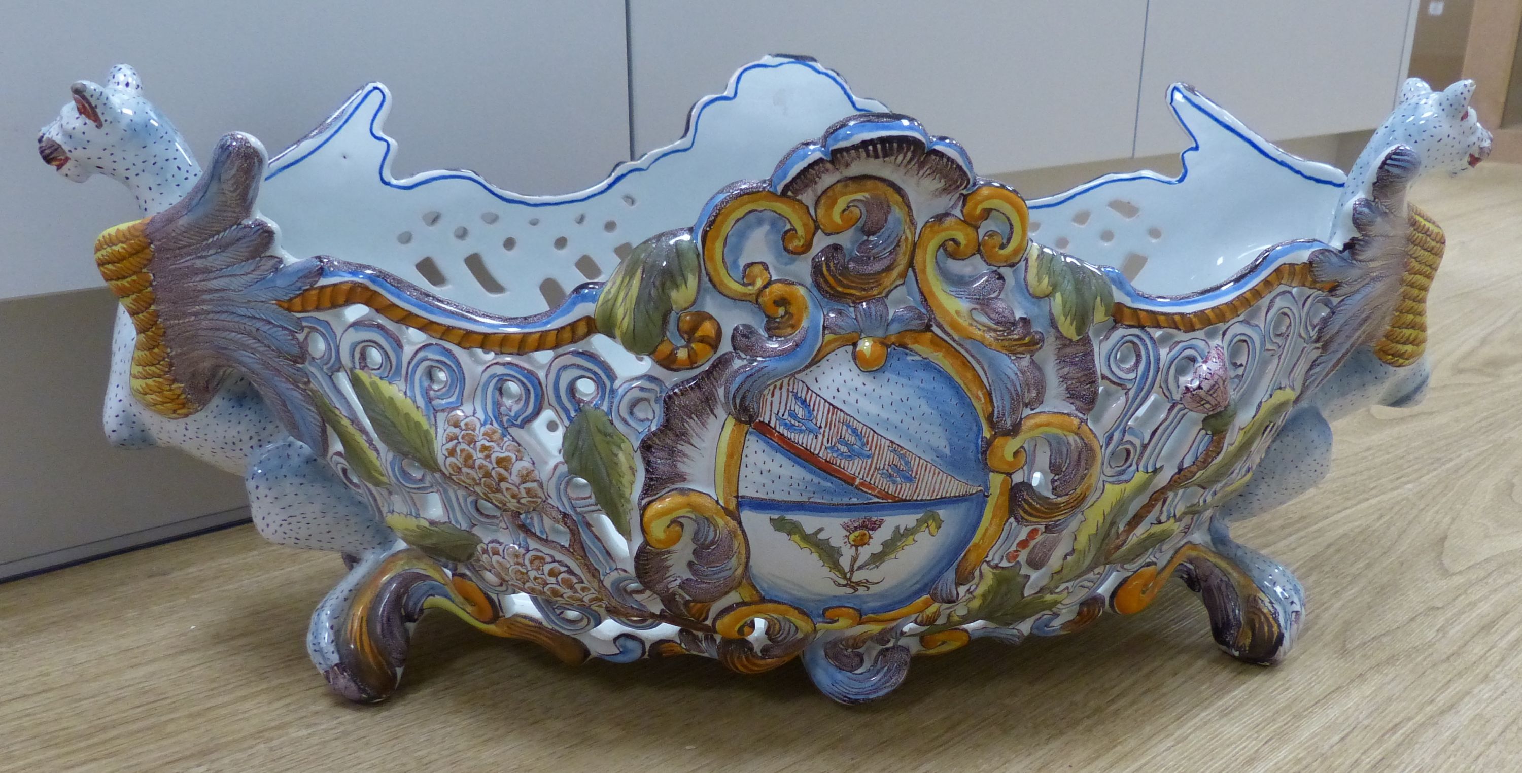 A large French Saint Clement faience centrepiece oval bowl, length 56cm